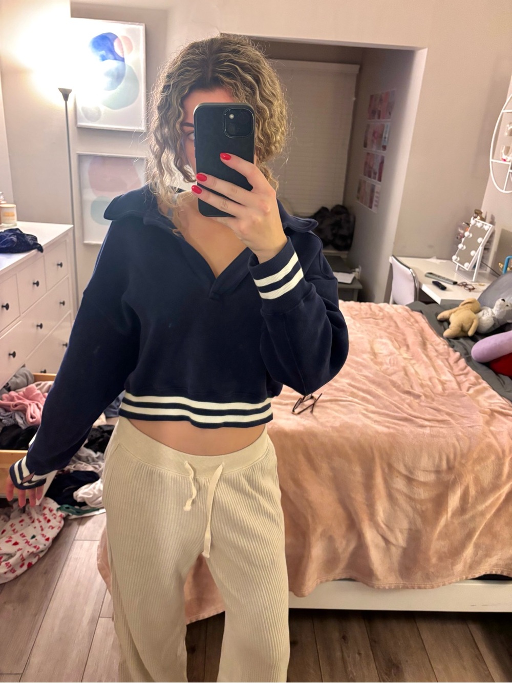 aerie Navy Cropped Pullover with White Stripe Trim